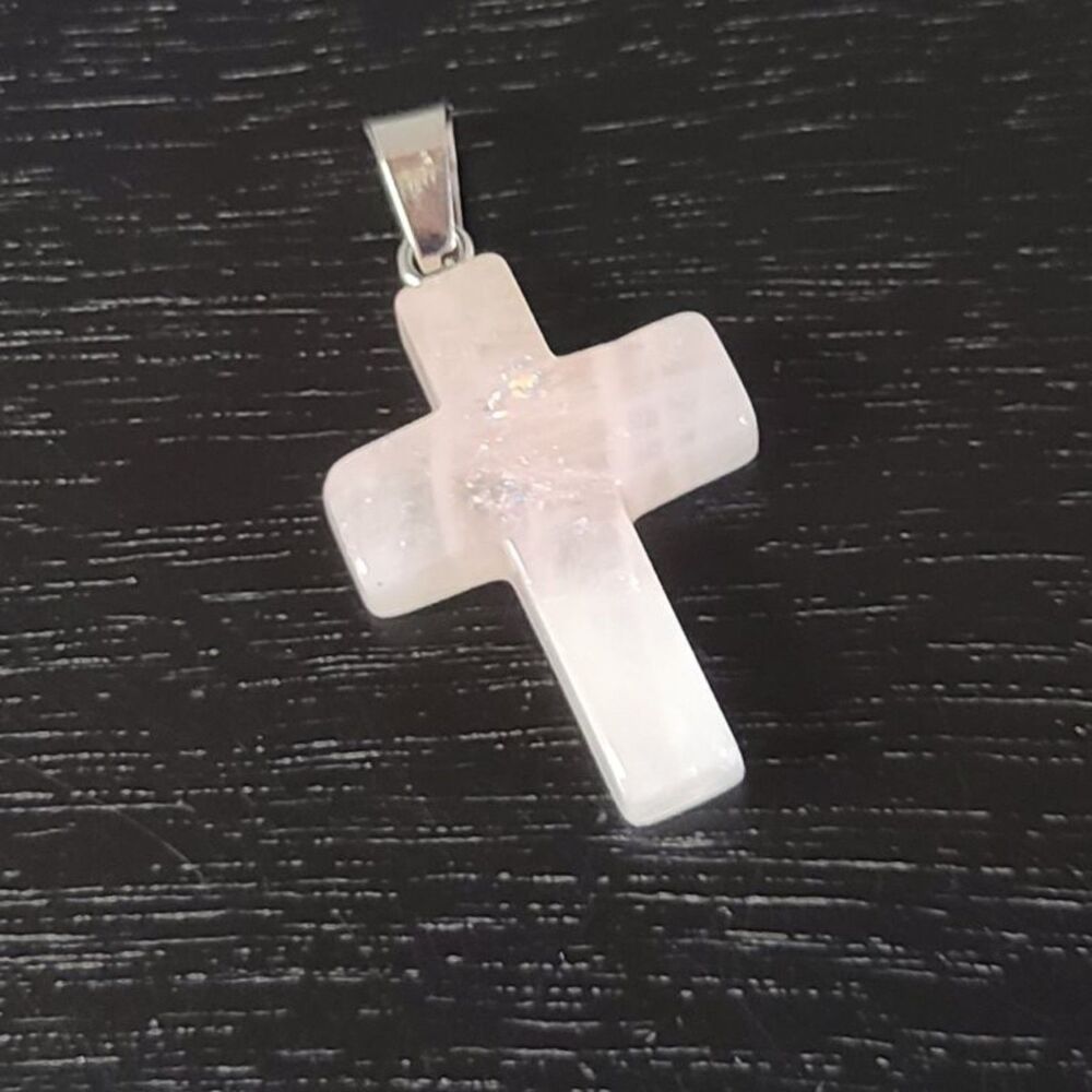 Rose Quartz Cross Pendant Light Pink Crystal Stone Religious Charm